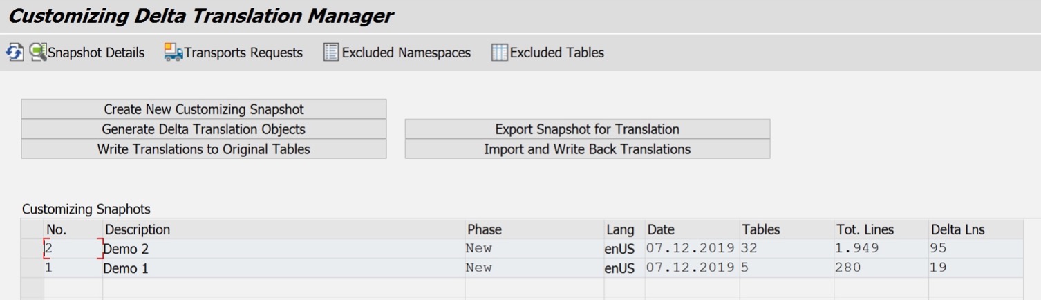 Einstiegsbild von Customizing Delta Translation Manager.