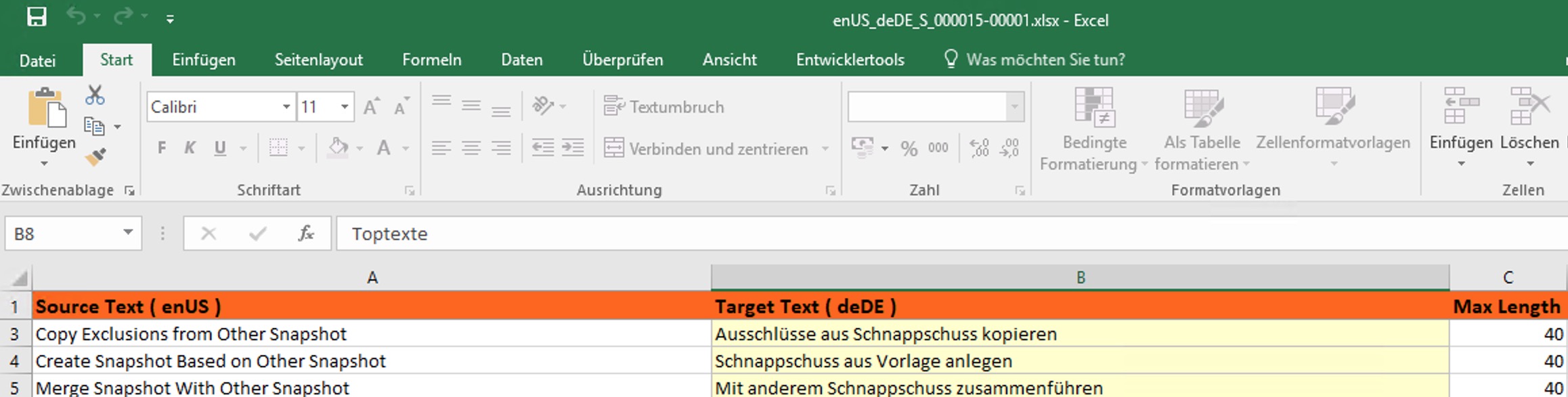 So sieht die Übersetzung in Microsoft Excel aus.