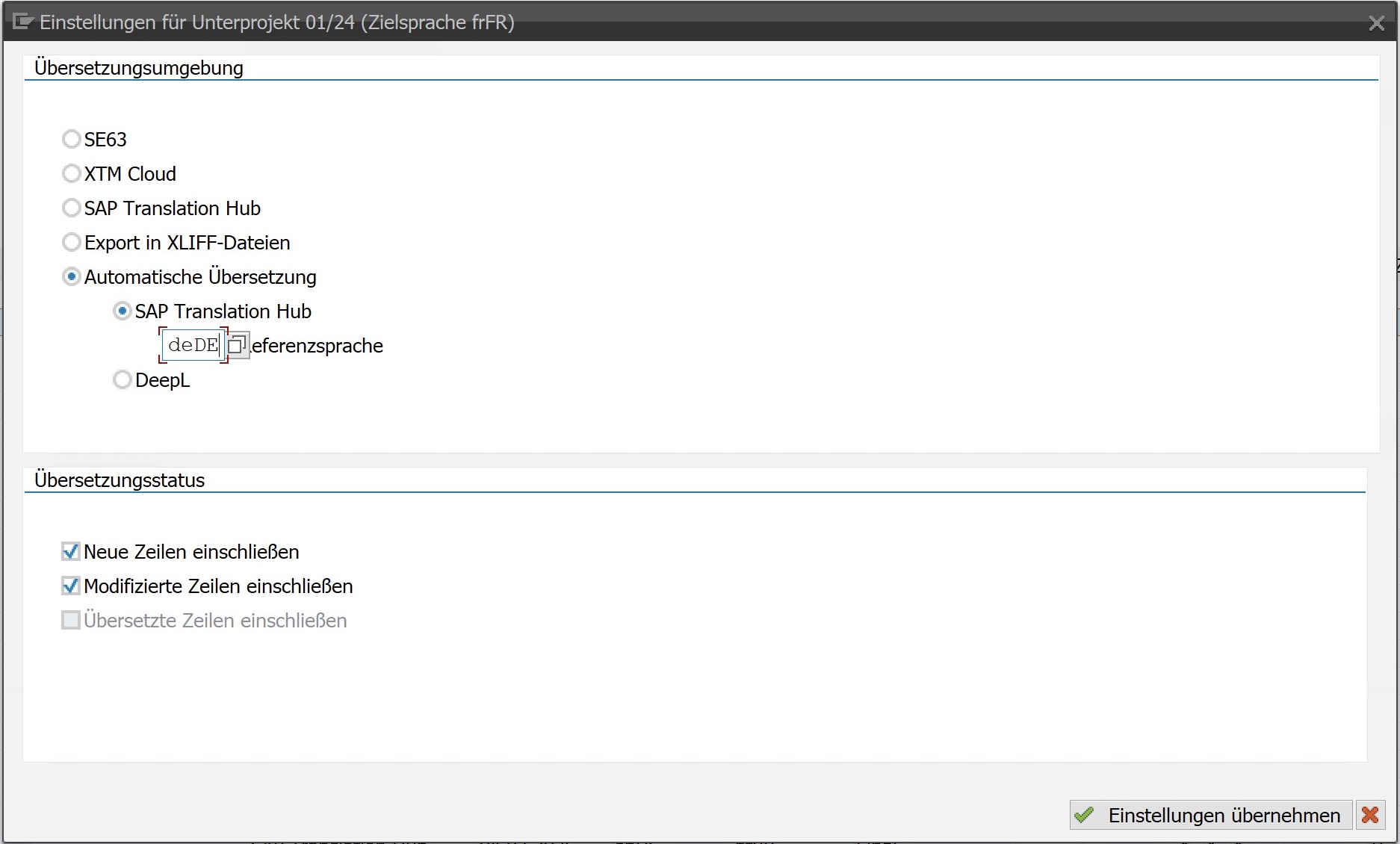 Auswählen der automatischen Übersetzungsoption in i18n Translation Manager. Bereits genehmigte Übersetzungen (grüne Zeilen) werden nicht in die Übersetzung geschickt.