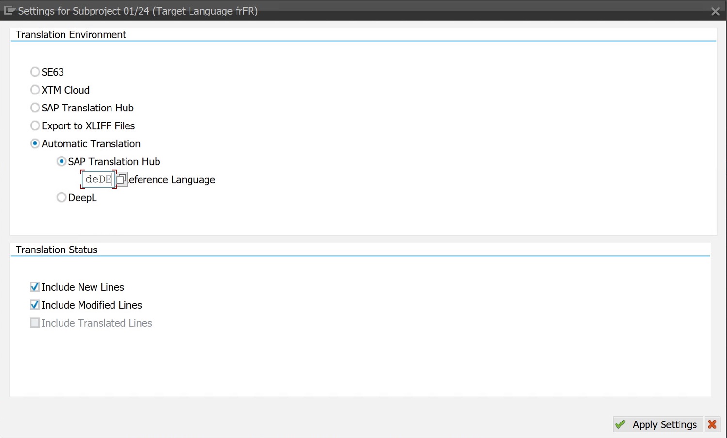 Selecting Automatic Translation from within i18n Translation Manager. Already approved translations (green status) won’t be sent for automatic translation.