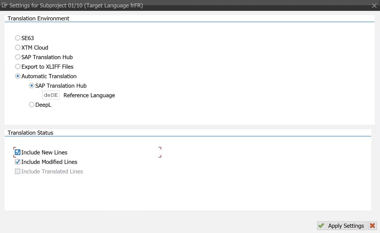 Selecting Automatic Translation - DeepL as a translation environment