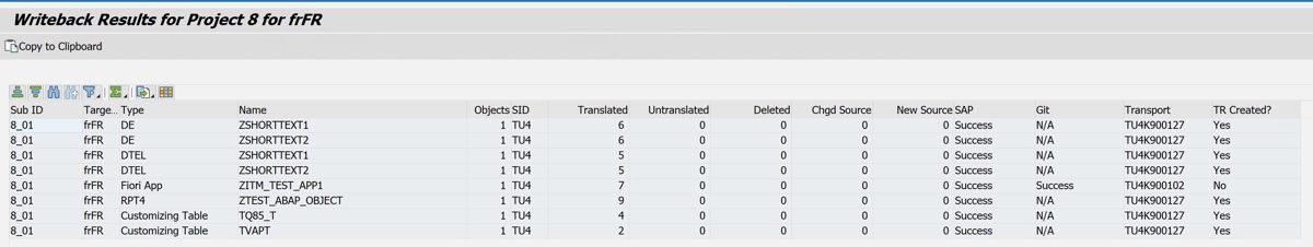 After finalizing a project, the add-on displays the transport request that the translations were recorded in.
