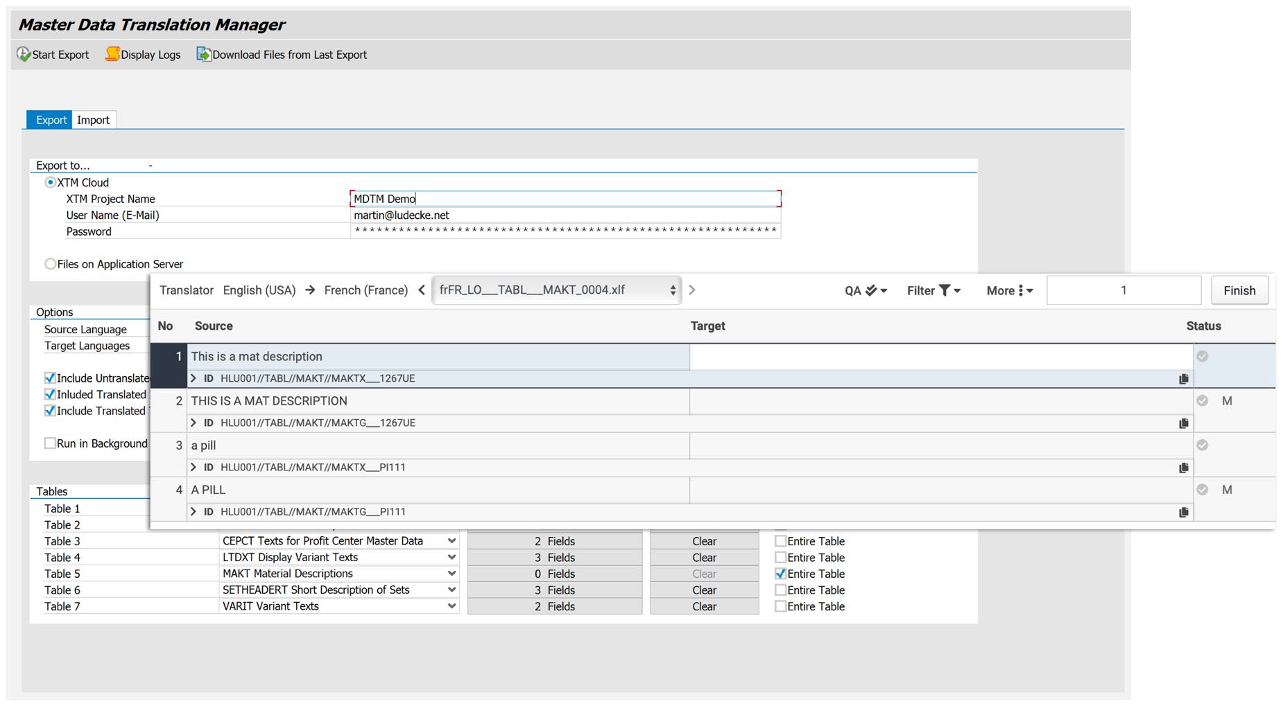 Initial screen of Master Data Translation Manager, when exporting.