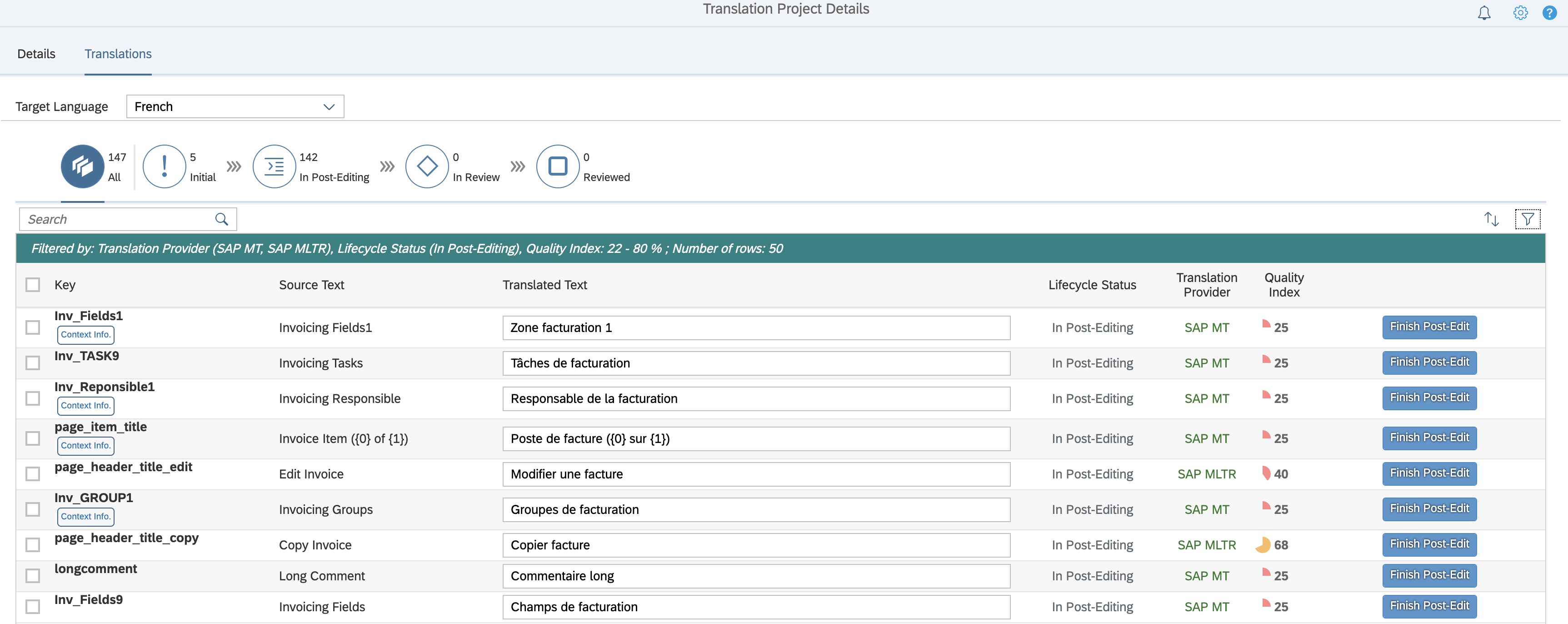 The translation editor available in the SAP Translation Hub app.